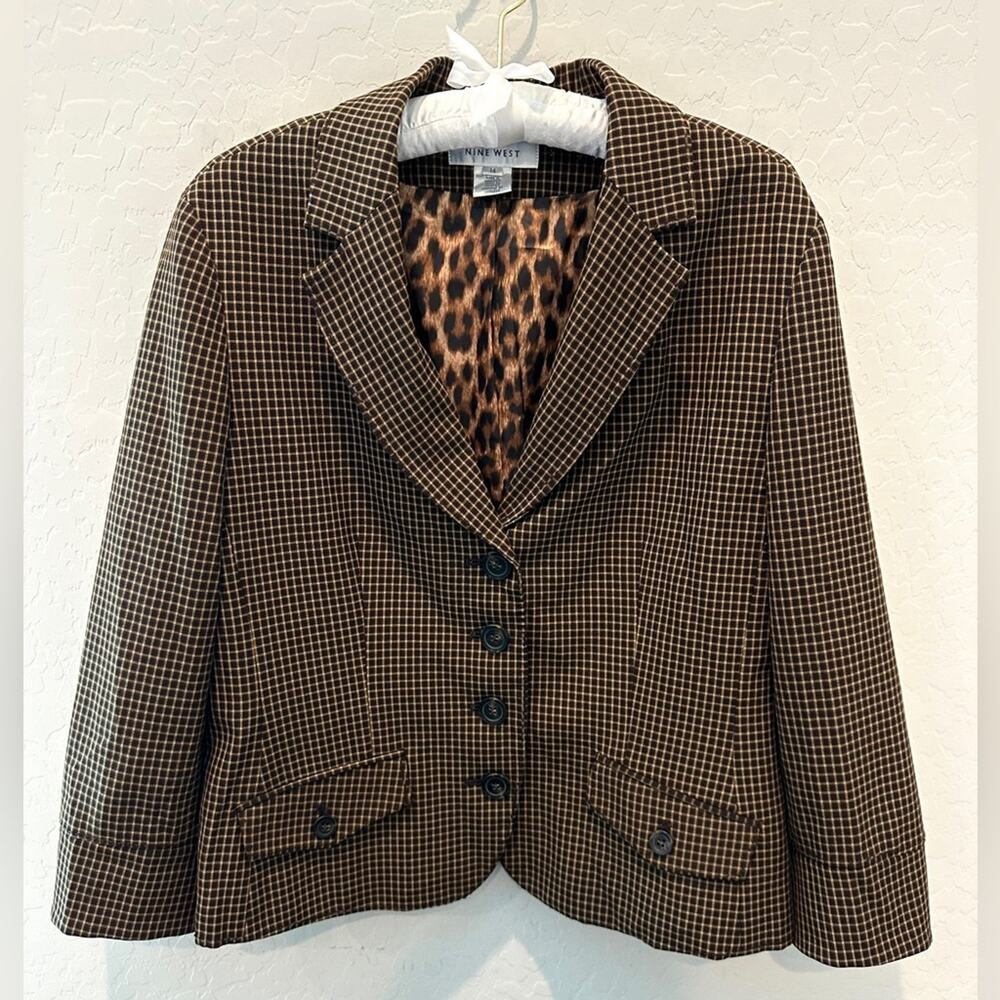 NINE WEST | Vintage Brown Cropped Plaid Blazer Jacket Leopard Lined | Size 14